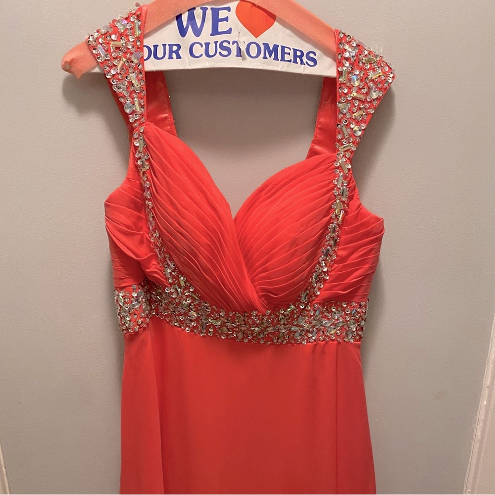 Coral rhinestone prom dress